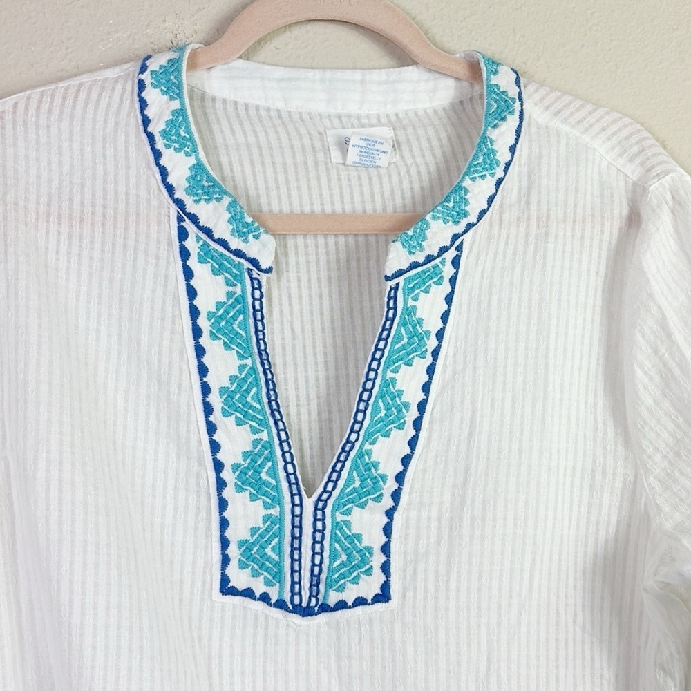 Sigrid Olsen White Blue Embroidered Trims V-neck Top Tunic Coverup size Large - Picture 6 of 8